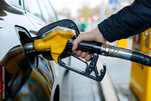 Close-up of Hand Fueling Car with Green Gas Pump