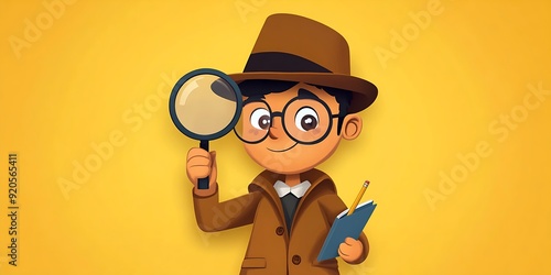 Cartoon detective with magnifying glass and notebook.