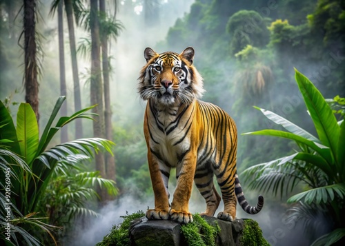 A majestic Sumatran tiger stands majestically in a lush jungle, its powerful roar echoing through the misty air as it asserts its dominance in the wild.