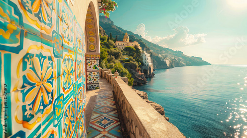 Italian coast landscape, Amalfi beach and colorful ethnic ceramic tiles. Summer, sea life. 300 DPI