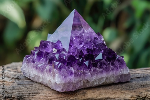 Large amethyst crystal cluster sparkling on natural wood surface