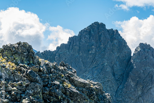 Close-up of the upper part of the wall of Ostry stit (Ostry Szczyt). A peak in the High Tatras in Slovakia.