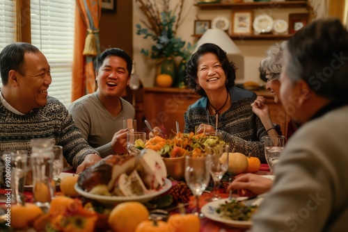 Large multi generational family is laughing and enjoying their thanksgiving dinner together