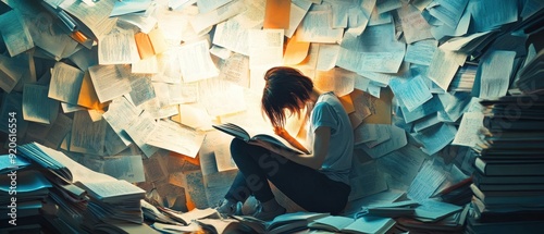 A student surrounded by notes and books, with depression depicted as an inescapable darkness