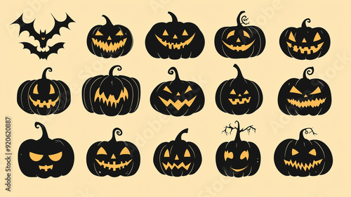 Vector Halloween pumpkin silhouettes set isolated on a beige background, vector illustration design elements for graphic and web banners 