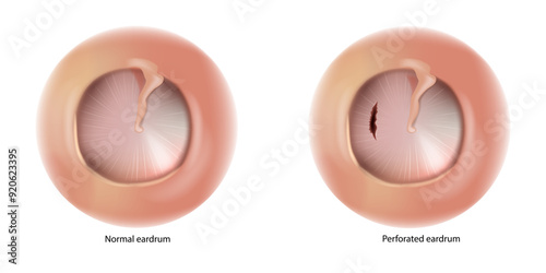 Perforated eardrum and Normal eardrum. Ruptured eardrum or Hole in the eardrum. 