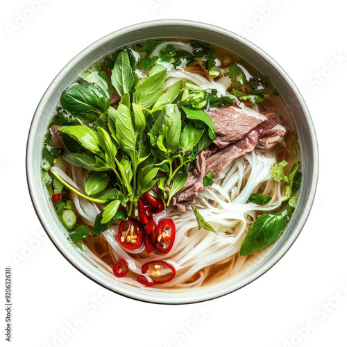 A vibrant bowl of pho filled with rice noodles, beef, herbs, and chili, showcasing the essence of Vietnamese cuisine. PNG, Transparent, No Background