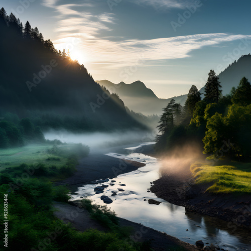 Magical Mornings: A Quaint River Winding through a Misty Mountainous Landscape at Dawn