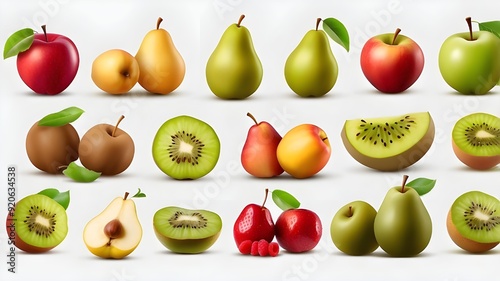 readily available Various fruit set On a clear backdrop, apples, pears, and kiwis are isolated.