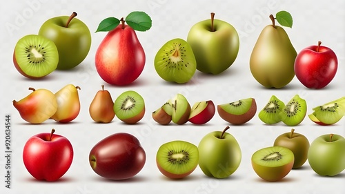 readily available Various fruit set On a clear backdrop, apples, pears, and kiwis are isolated.