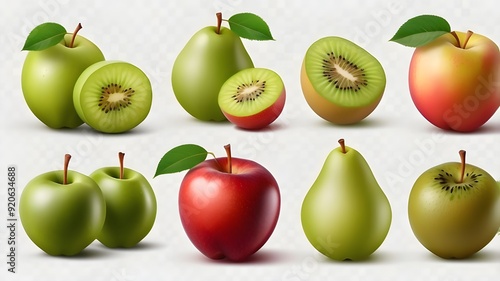 readily available Various fruit set On a clear backdrop, apples, pears, and kiwis are isolated.