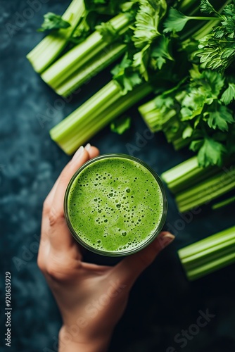 hand holding fresh green smoothie in a glass from pascal celery