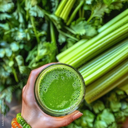 hand holding fresh green smoothie in a glass from pascal celery