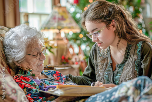 Home health aide assisting senior woman with daily tasks in living room