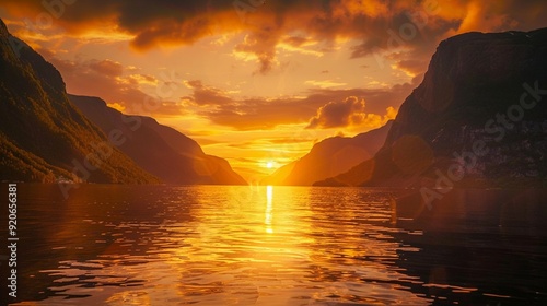 Capture the golden glow of the midnight sun over a silent fjord