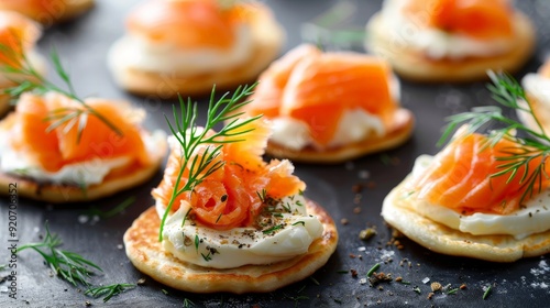 Smoked salmon blinis with cream cheese and dill, elegant appetizers for holiday parties.