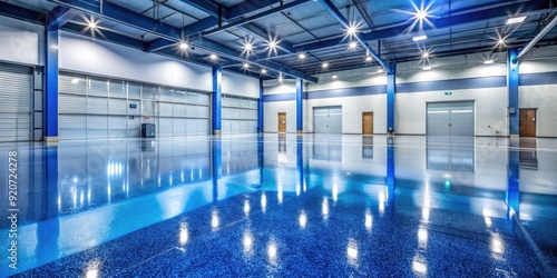 Glossy epoxy-coated garage floor with flecks of blue and silver, reflecting light, surrounded by concrete edges and walls, in a modern, industrial-style space.