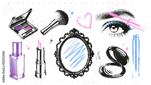 Cosmetic retro elements with photocopy stipple effect for collage art. Vector illustration of lipstick, frame, cream, powder, mascara, lashes, eye in halftone dotwork design for banner or poster, punk