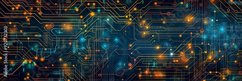 A detailed image of a futuristic circuit board with glowing connections, representing advanced technology and complex networks.