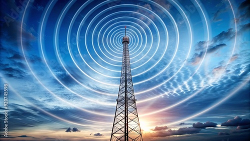 Radio waves emitting from a transmitter mast , broadcasting, communication, technology, signal, frequency, antenna