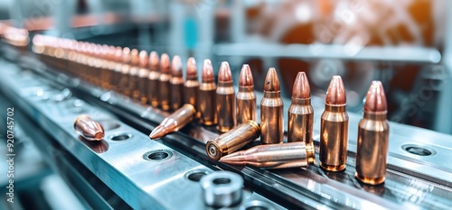 A row of bullets on a conveyor belt in a factory. This image shows the process of manufacturing bullets and the importance of safety.