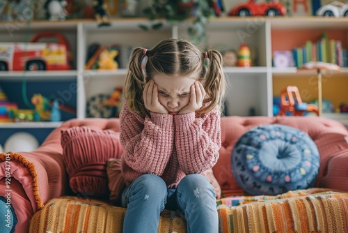 A young girl with pigtails sits on a colorful couch in a playful environment, her face buried in her hands, evoking feelings of distress or shyness, surrounded by vibrant toys.