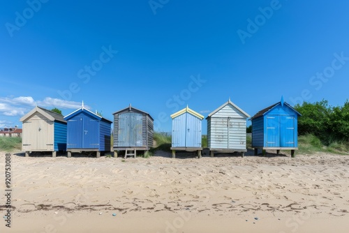 Cabines de bain multicolores alignées sur la plage déserte de Berck-plage au petit matin. Beautiful simple AI generated image in 4K, unique.