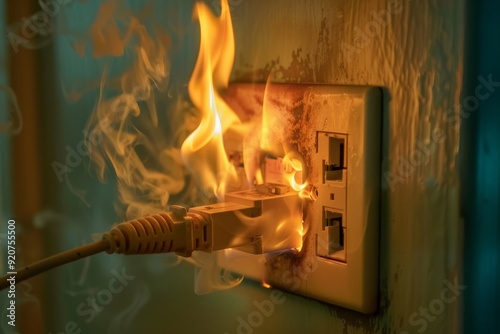 A power outlet experiencing an electrical fire with bright, intense flames and smoke visible, demonstrating the urgency and danger of such malfunctions in everyday environments.