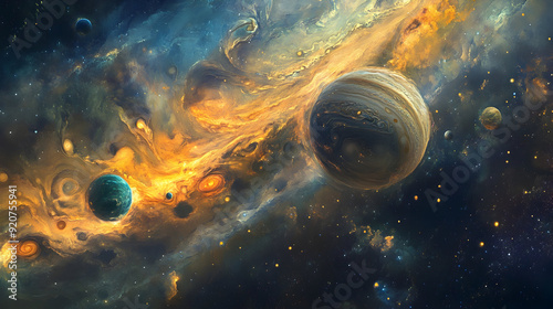 Jupiter and Its Magnificent Moons - An elaborate depiction of Jupiter, showcasing its turbulent storms and vivid hues, encircled by its largest moons in their orbital paths.