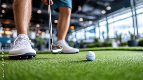 Close-up of a person in sports attire, focused on hitting a golf ball at an indoor mini putting green with modern surroundings and good lighting conditions.