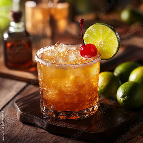 Classic Mai Tai Cocktail with Cherry and Lime on a Rustic Wooden Table