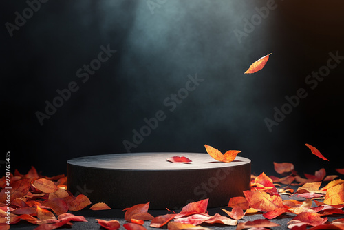 Round black podium for a product with fallen autumn leaves, rays of light and steam, fall advertise