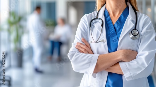 A medical professional wearing a white coat and stethoscope stands confidently with arms crossed in a bright, modern clinic setting, ready to attend to patients.