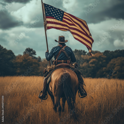 cavalry soldier with the american flag on their shoulders are in a field