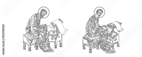 Matthew Levi the Apostle and Apostle Luke. Coloring page in Byzantine style