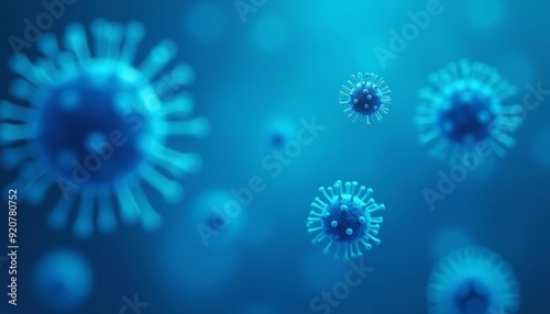  Viral particles in a microscopic view illuminated against a blue background