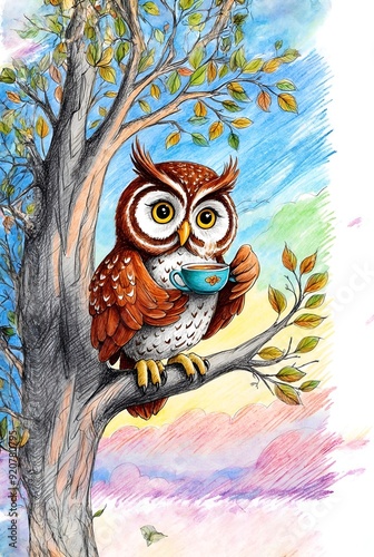 a whimsical, dreamlike illustration, with delicate contour lines and vibrant,dynamic colors in ultra-high resolution creating a sense of happiness, reminiscent of children's book, featuring an owl hol