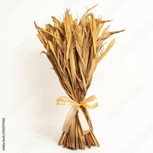 A bundle of dried cornstalks tied with a ribbon on a solid white background, single object