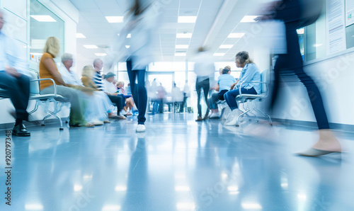 A busy hospital waiting area with patients sitting in chairs and blurred medical staff walking through the corridor, capturing the hustle of a healthcare environment