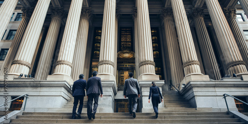 Lawyers in formal attire walking up the steps of a grand courthouse, with columns and architectural details in view.