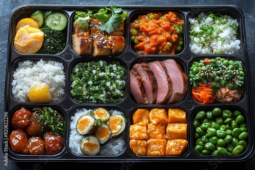 artfully arranged modern thai cuisine in sleek bento boxes vibrant colors and textures pop against minimalist packaging