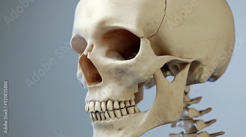 Detailed View of a Human Skull Anatomy Showcasing Cranial Structure Against a Neutral Background