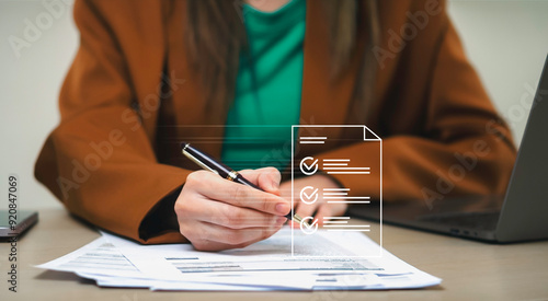 businesswoman checklist document, management, file, corporate, information, laptop, folder, professional, paper. close up to hand, pen checker to document to management.