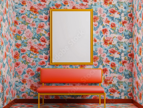 POD vibrant floral pattern wall mockup with yellow frame pink bench bold decorative interior design template for poster art gallery