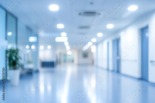 Blurred image of a bright, empty hospital corridor with white walls, blue floor, and bright lights.