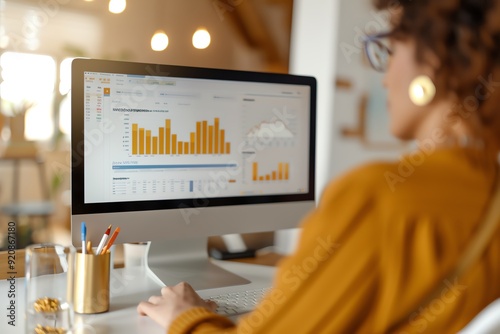 A business woman is sitting at her desk looking at gold investment growth on a computer screen. She is wearing a yellow sweater and glasses. She has her hand on the mouse.