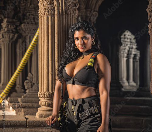 A woman in a black outfit stands in front of a pillar