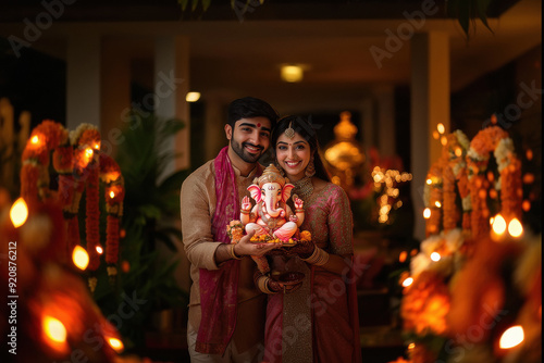 Young indian couple holding lord ganesha sculpture in hand. celebrating lord ganesha festival.