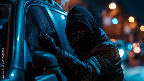 Under the cover of city lights, a mysterious figure with a mask is breaking into a car at night in an urban area, embodying a dangerous criminal deed