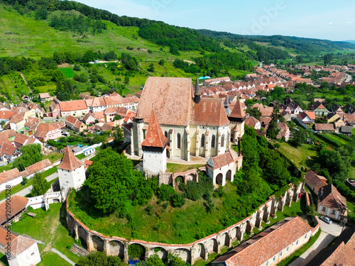 Aerial view of Biertan Lutheran fortified church, in Sibiu County of Transylvania, Romania, a world heritage site